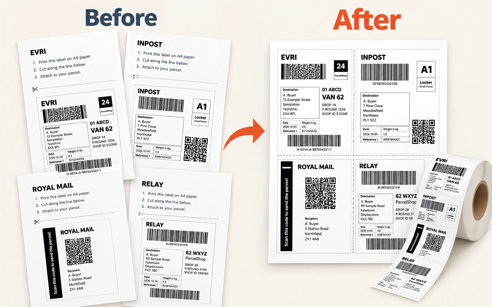 Before and after comparison showing a Vinted A4 shipping label converted to a perfectly sized 6×4 thermal printer label with Evrylabel