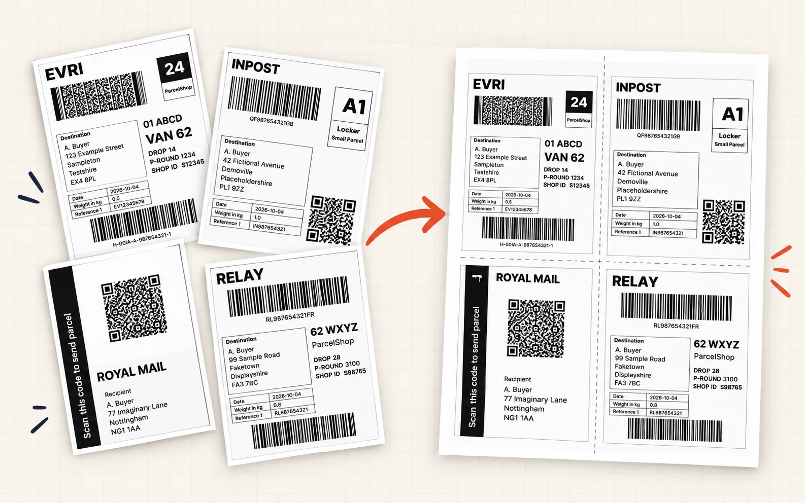 Evri, InPost, Royal Mail and Relay Vinted labels arranged neatly four to an A4 sheet by Evrylabel